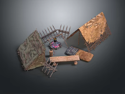 Rustic Thatched Tent with Wooden Fence Bench and Mats Setup Scene 3d model