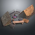 Rustic Thatched Tent with Wooden Fence Bench and Mats Setup Scene