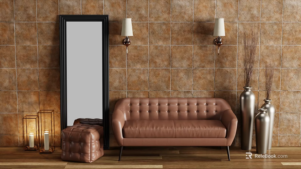 Brown Tufted Leather Sofa Coffee Table Set With Tile Wall And Wall Lamps 3d model 