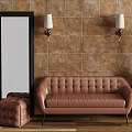 Brown Tufted Leather Sofa Coffee Table Set With Tile Wall And Wall Lamps