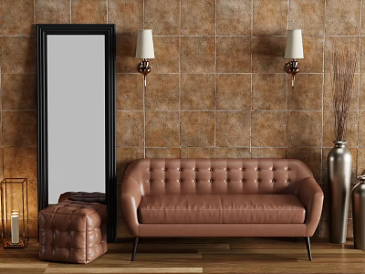Brown Tufted Leather Sofa Coffee Table Set With Tile Wall And Wall Lamps 3d model