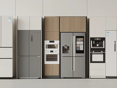 Refrigerators and Freezers in Modern Kitchen With Various Colors Wooden Panels and Stainless Steel Finishes 3d model