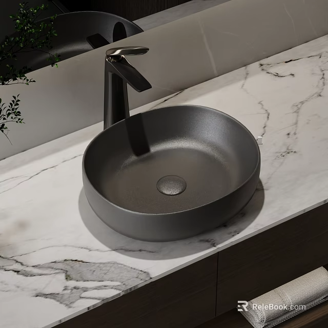 Sleek Black Round Washbasin On White Marble Countertop With Modern Faucet 3d model 