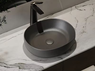 Sleek Black Round Washbasin On White Marble Countertop With Modern Faucet 3d model