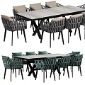 Modern Woven Dining Table Set With Green Chairs And Black Metal Frame