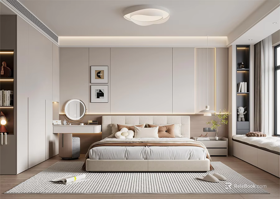 Modern Bedroom Interior With Bed Nightstands Striped Rug Mirror Artwork And Window Seat 3d model 