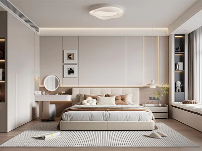 Modern Bedroom Interior With Bed Nightstands Striped Rug Mirror Artwork And Window Seat 3d model