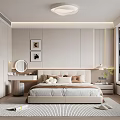 Modern Bedroom Interior With Bed Nightstands Striped Rug Mirror Artwork And Window Seat