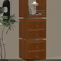 Modern Wooden Bookcase With Drawers Shelves And Potted Plant Near Light Wall
