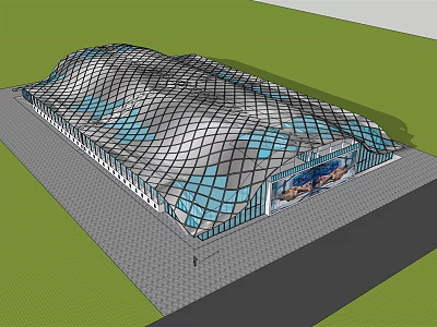 Modern Architectural Building With Wavy Grid Roof And Glass Facade Entrance 3d model