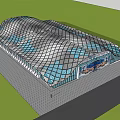 Modern Architectural Building With Wavy Grid Roof And Glass Facade Entrance