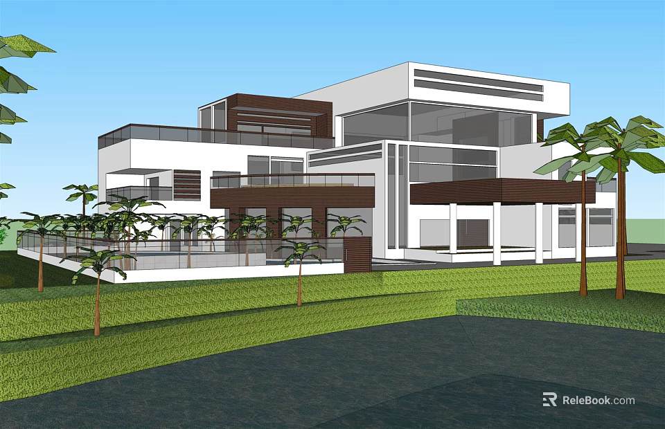 Modern Detached Villa Exterior With Large Windows Balcony Palm Trees And Green Lawn 3d model 