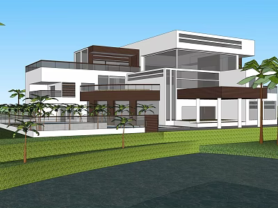 Modern Detached Villa Exterior With Large Windows Balcony Palm Trees And Green Lawn 3d model
