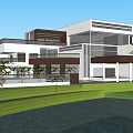 Modern Detached Villa Exterior With Large Windows Balcony Palm Trees And Green Lawn