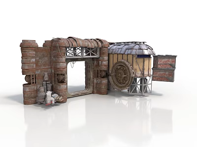 Rustic Industrial Building Entrance With Wood Metal Arched Doorway Wheeled Structure Barrels And Mechanical Parts 3d model