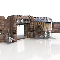 Rustic Industrial Building Entrance With Wood Metal Arched Doorway Wheeled Structure Barrels And Mechanical Parts