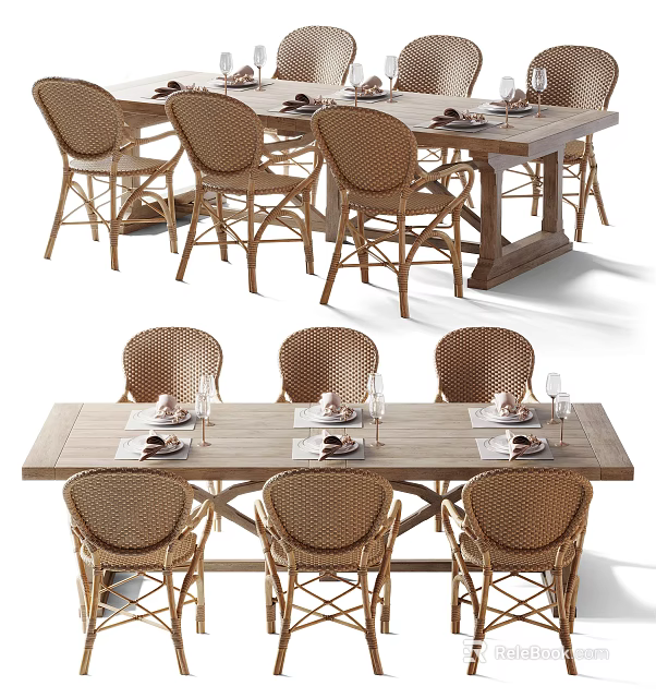 Vintage Wooden Dining Table Set With Rattan Chairs And Place Settings 3d model 