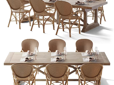 Vintage Wooden Dining Table Set With Rattan Chairs And Place Settings 3d model