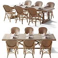 Vintage Wooden Dining Table Set With Rattan Chairs And Place Settings