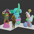 Balloon Sculptures On Display Platform With Blue Elephant Brown Monkey White Penguins And Standing Figure