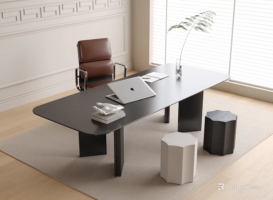 Black Desk With Laptop Stacked Books And Plant Near Brown Leather Chair By Window Rug 3d model 