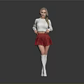 Blonde Woman In White Sweater Red Pleated Skirt And Long White Socks On Black Background