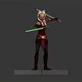 Red Outfit Warrior Character With Headpiece Holding Green Lightsabers Standing On Platform