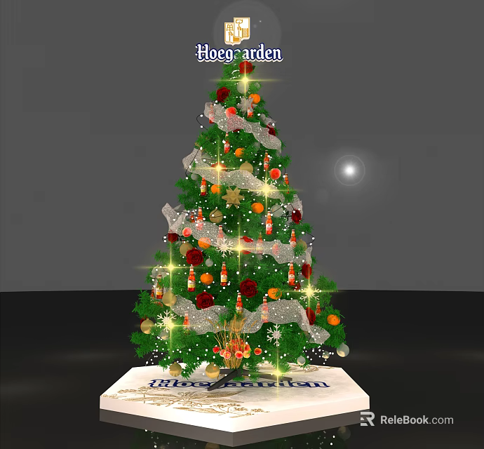 Decorated Christmas Tree With Sparkling Lights Red Orange Ornaments White Ribbons And Merry Christmas Base 3d model 