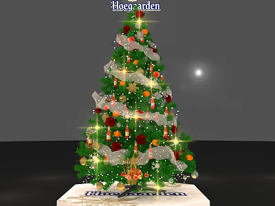 Decorated Christmas Tree With Sparkling Lights Red Orange Ornaments White Ribbons And Merry Christmas Base 3d model