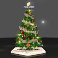 Decorated Christmas Tree With Sparkling Lights Red Orange Ornaments White Ribbons And Merry Christmas Base