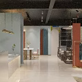 Modern Clothing Store With Archway Blue Curtain Brown Wall Front Desk Mirror Tables And Chairs