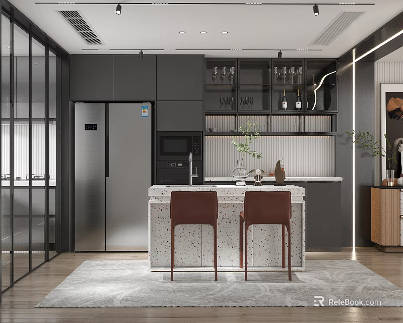 Modern Restaurant Interior With Open Kitchen Island Counter And Seating Design 3d model