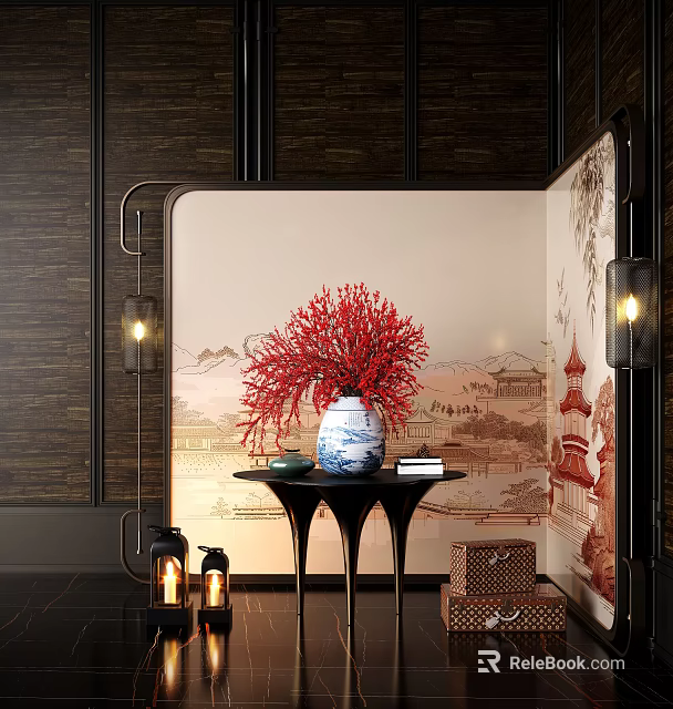Elegant Blue and White Vase With Red Flowers on Black Small Table and Decorative Wall 3d model 