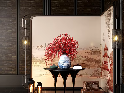 Elegant Blue and White Vase With Red Flowers on Black Small Table and Decorative Wall 3d model