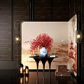 Elegant Blue and White Vase With Red Flowers on Black Small Table and Decorative Wall