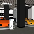 Modern Car Dealership Showroom With Luxury Sports Cars And Glass Display Units