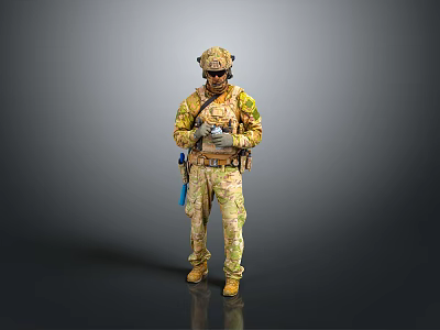 Man Standing In Camouflage Uniform With Helmet And Gear Holding Device 3d model