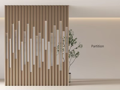 Decorative Wooden Partition With Vertical Strips And Light Effects In Contemporary Interior Space With Plant 3d model