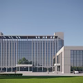 Modern Office Building With Glass Curtain Wall Stone Facade Parking Area Greenery And Pedestrians