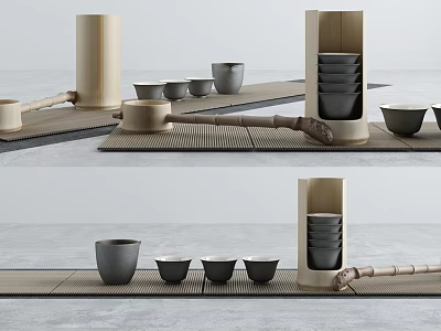 Minimalist Japanese Style Tea Set With Bamboo Tray And Ceramic Teacups 3d model