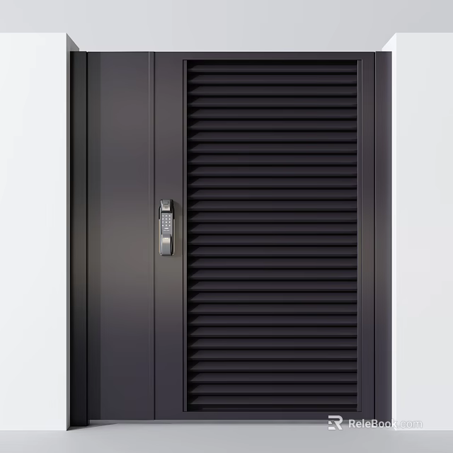 Black Steel Security Door With Safety Lock And Modern Shutter Design 3d model 