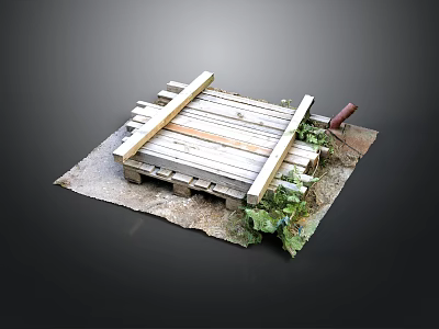Rustic Wooden Pallet Structure With Green Foliage And Garden Tool On Soil Mat 3d model