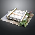 Rustic Wooden Pallet Structure With Green Foliage And Garden Tool On Soil Mat