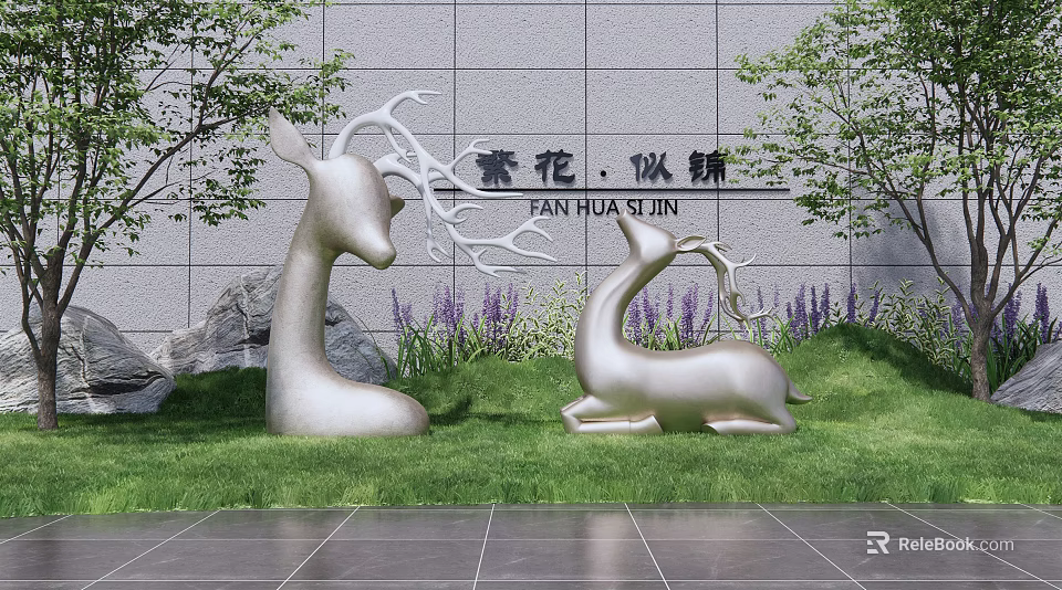Silver Deer Landscape Sculptures in Garden Courtyard with Green Lawn and Purple Flowers 3d model 