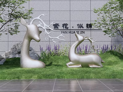 Silver Deer Landscape Sculptures in Garden Courtyard with Green Lawn and Purple Flowers 3d model