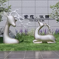 Silver Deer Landscape Sculptures in Garden Courtyard with Green Lawn and Purple Flowers