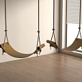 Natural Wooden Hanging Chairs Suspended by Ropes in Indoor Room with Window Blinds