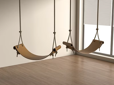 Natural Wooden Hanging Chairs Suspended by Ropes in Indoor Room with Window Blinds 3d model