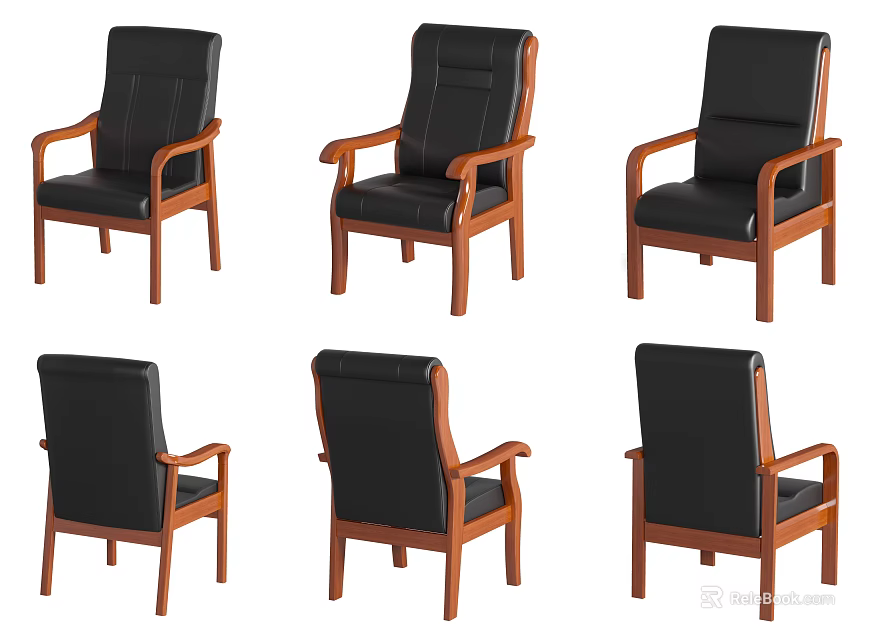 Black Office Chair with Wooden Frame and Armrests Displayed from Multiple Angles 3d model 