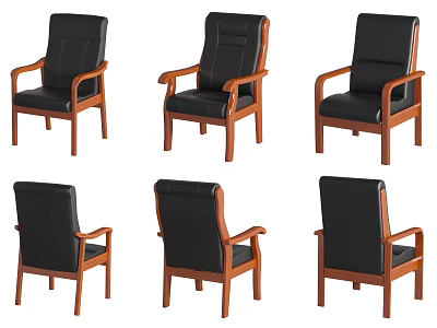 Black Office Chair with Wooden Frame and Armrests Displayed from Multiple Angles 3d model